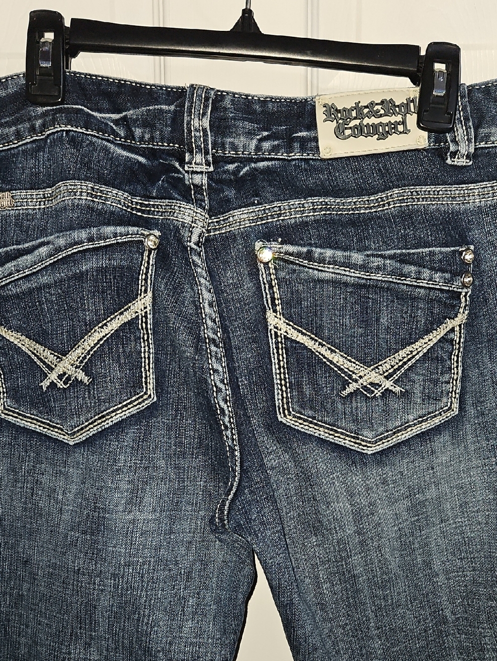 Rock & Roll Cowgirl Women's Dark Indigo Boot Cut Jeans with Contrast Stitching